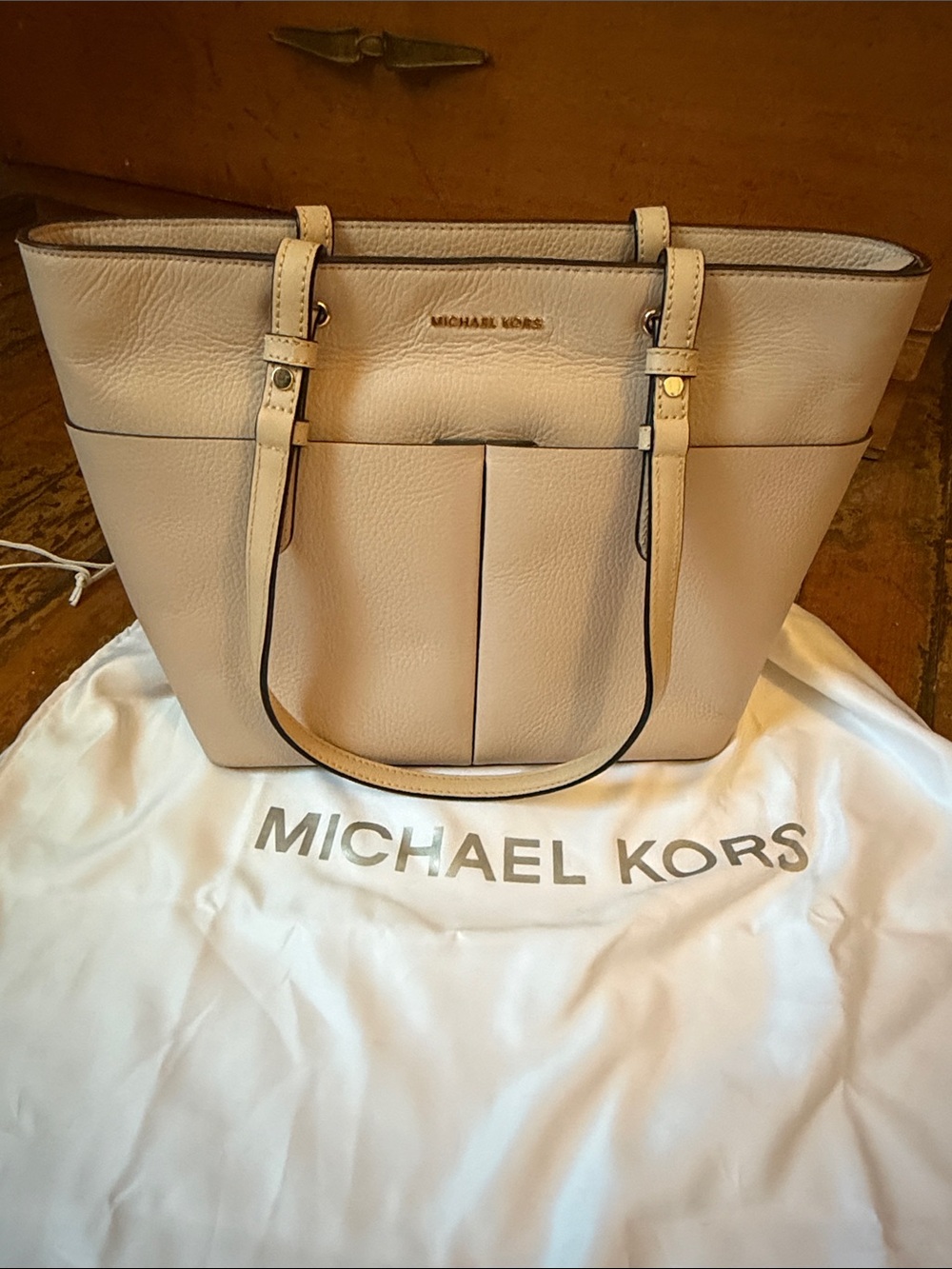 Real Michael Kors Taupe Pebbled Leather Tote with Gold Hardware and White bag